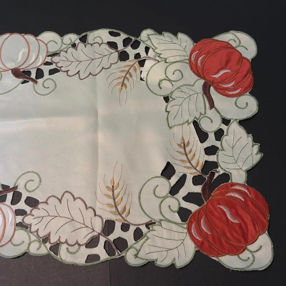 Table Runner 70x13 Cream Good Pumpkin Embroidered Cutwork Fall Thanksgiving